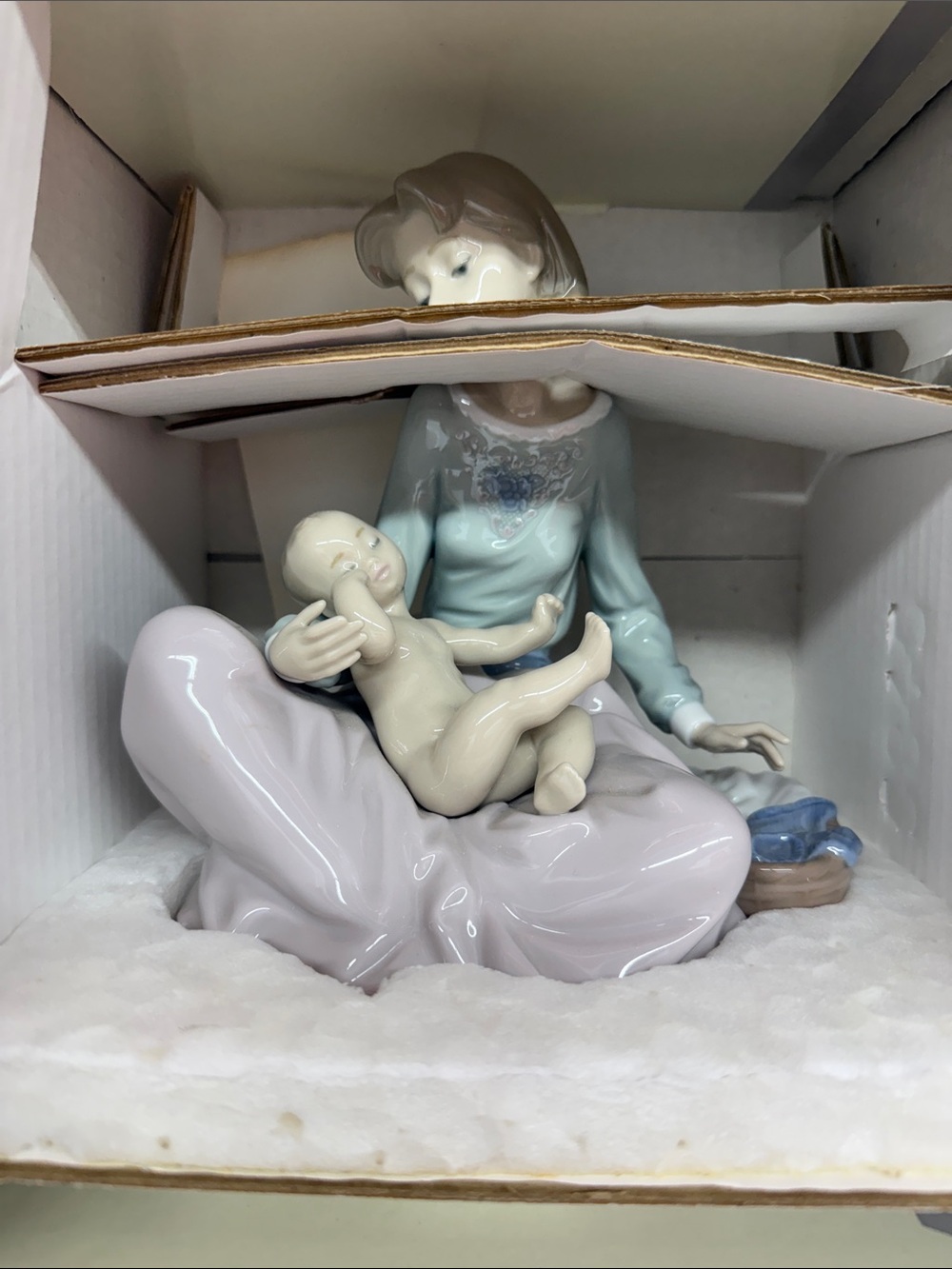Lladro Porcelain Mother and Child Figurine in Light Blue and Cream